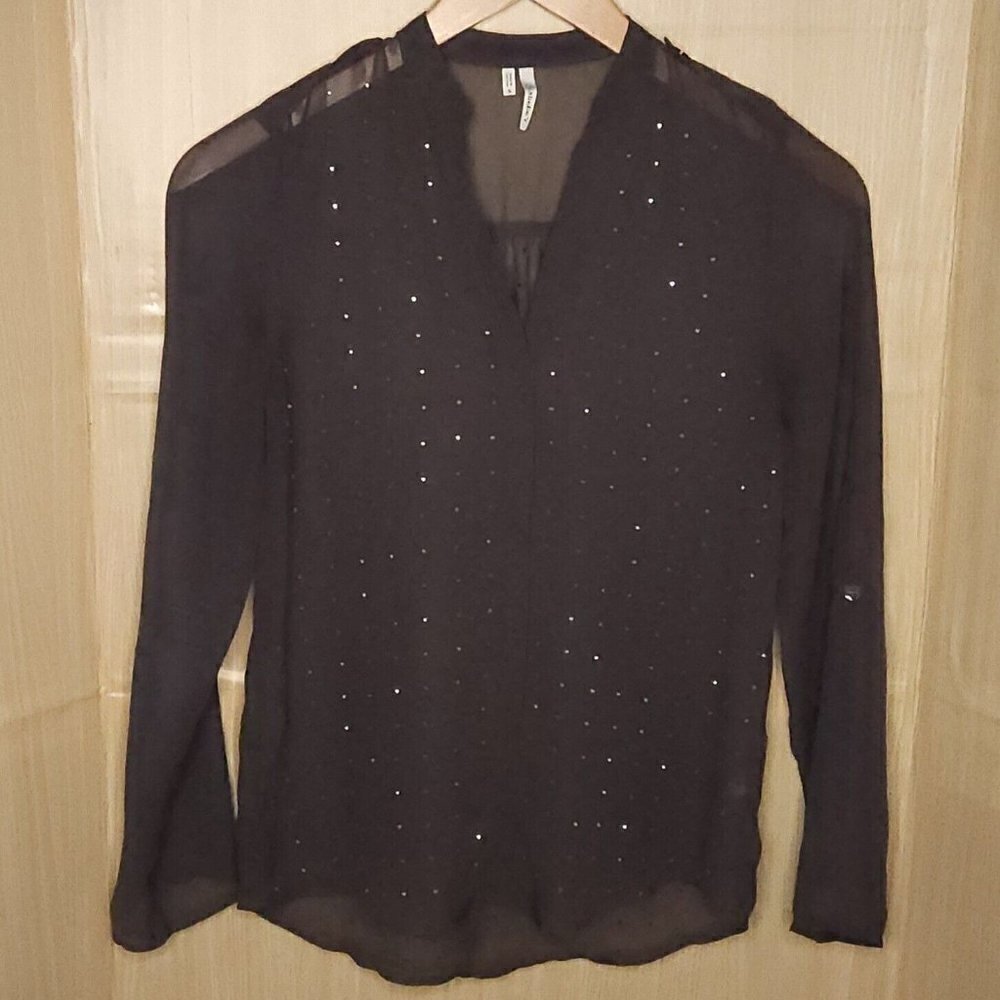 Studio Y Womens Grey Sheer Crystal Studded Blouse Small